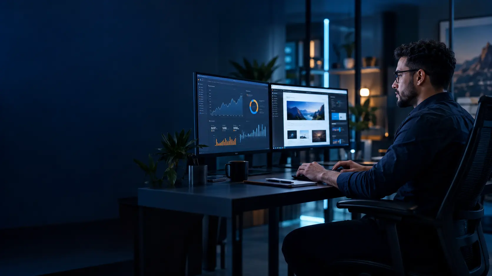Profissional trabalhando em desenvolvimento de site e estratégia digital